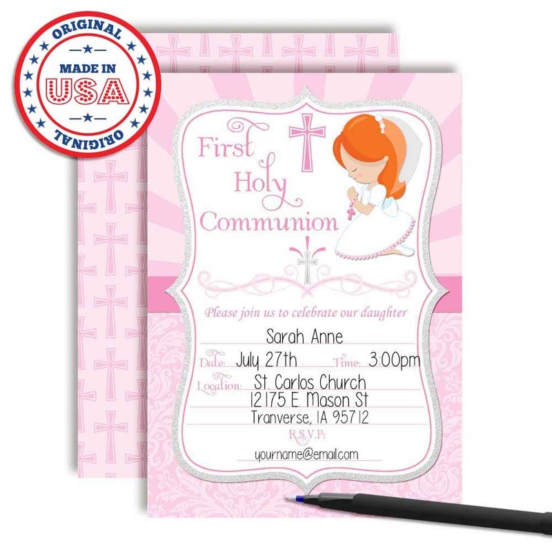 Amanda Creation First Holy Communion Religious Party Invitations for Girls (Light Skin, Red Hair), 20 5x7 Fill In Cards with Twenty White Envelopes by AmandaCreation - Image 3